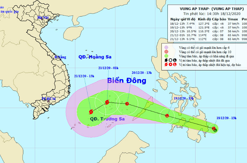 Vị trí và hướng di chuyển của vùng áp thấp. (Nguồn: nchmf.gov.vn)