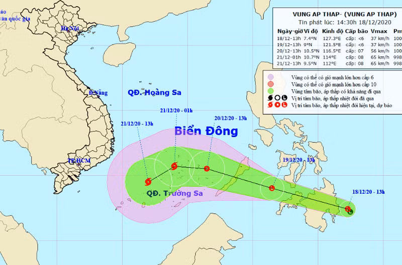 Vị trí và hướng di chuyển của vùng áp thấp. (Nguồn: nchmf.gov.vn)