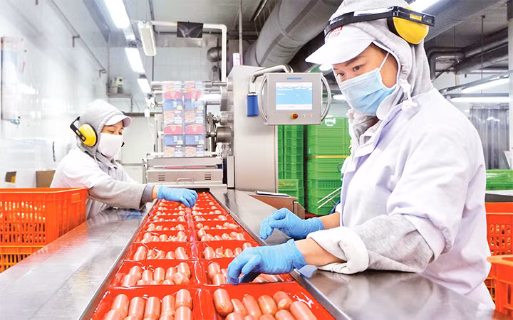 Công nhân kỹ thuật làm việc trên dây chuyền sản xuất xúc xích tiệt trùng của Công ty cổ phần Việt Nam Kỹ nghệ súc sản (VISSAN).