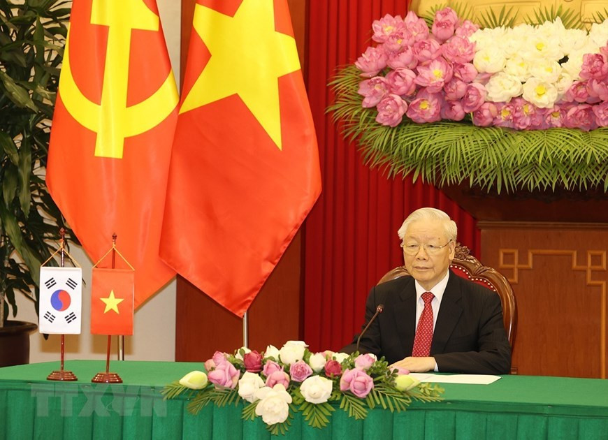 Tổng Bí thư Nguyễn Phú Trọng hội đàm trực tuyến với Tổng thống Hàn Quốc Yoon Suk-yeol. (Ảnh: TTXVN) Tổng Bí thư Nguyễn Phú Trọng hội đàm với Tổng thống Hàn Quốc -1