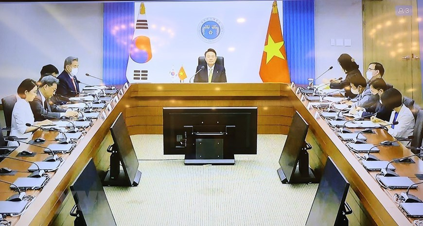 Tổng thống Hàn Quốc Yoon Suk-yeol trong cuộc hội đàm. (Ảnh: TTXVN) Tổng Bí thư Nguyễn Phú Trọng hội đàm với Tổng thống Hàn Quốc -0