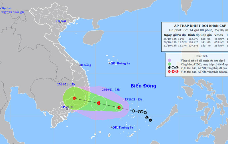 Vị trí và hướng di chuyển của áp thấp nhiệt đới. (Nguồn: nchmf.gov.vn)