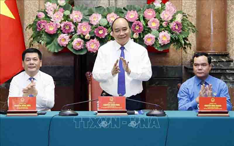 Chủ tịch nước Nguyễn Xuân Phúc tại buổi gặp mặt cán bộ, công nhân lao động ngành Dầu khí. (Ảnh: TTXVN)