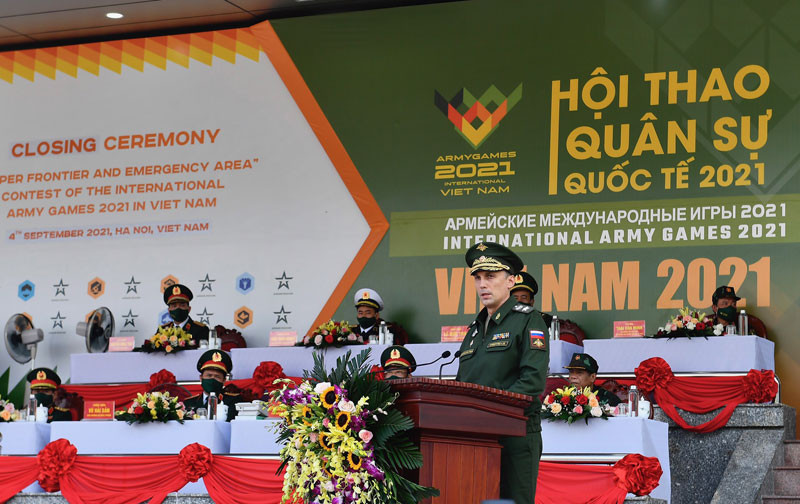 Thứ trưởng Quốc phòng Nga Krivoruchko Aleksei Iurievich, phát biểu tại lễ bế mạc. (Ảnh: HUY SƠN) Bế mạc các cuộc thi trong khuôn khổ Hội thao quân sự quốc tế 2021 -0