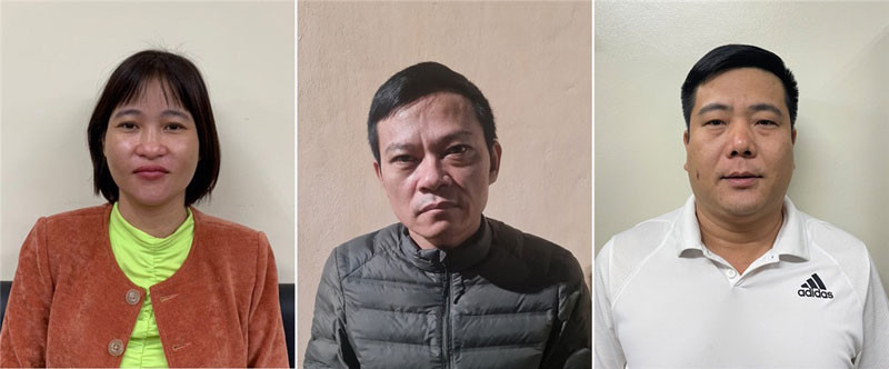 Các bị can: Đàm Hương Huệ (trái), Phạm Văn Thu (giữa) và Phạm Ngọc Thanh (phải).