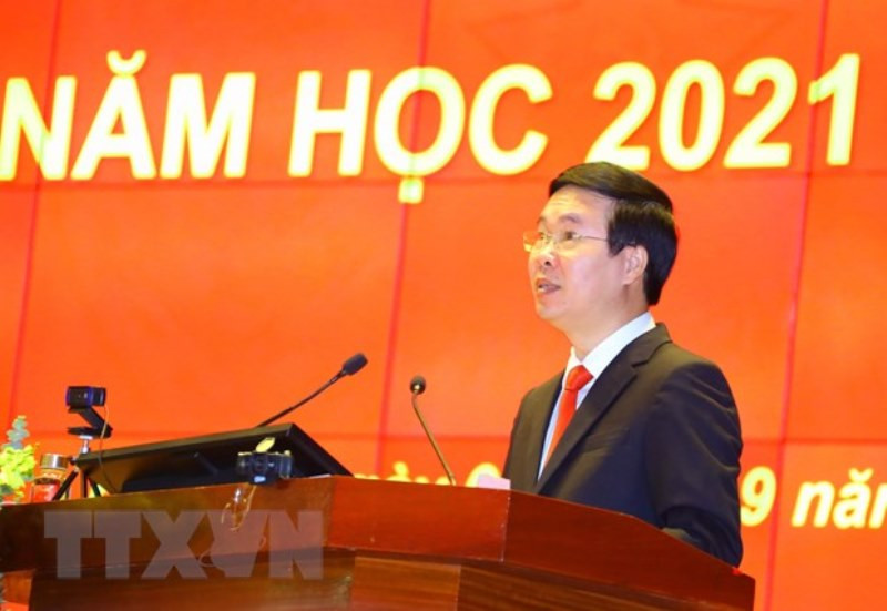 Ủy viên Bộ Chính trị, Thường trực Ban Bí thư Trung ương Đảng Võ Văn Thưởng phát biểu chỉ đạo. (Ảnh: Nguyễn Điệp/TTXVN) Học viện Chính trị quốc gia Hồ Chí Minh khai giảng năm học 2021-2022 -0