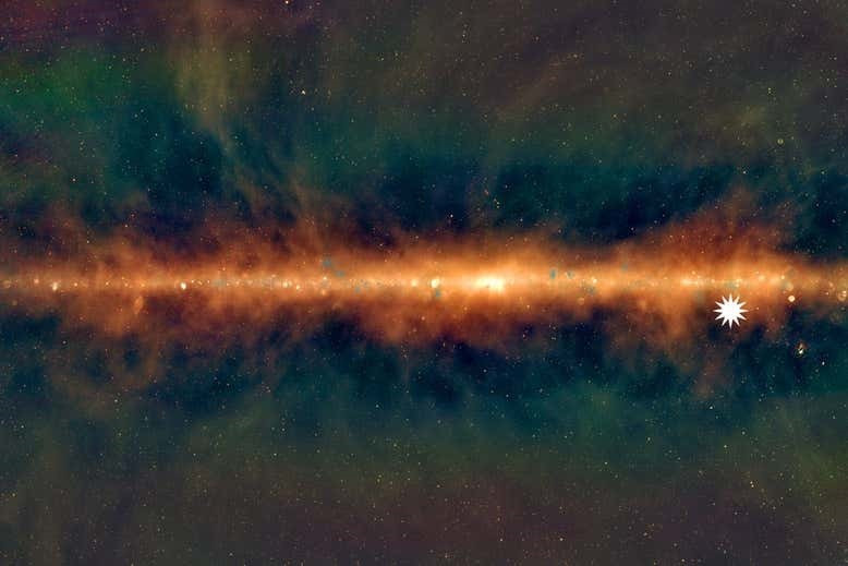 Hình ảnh dải Ngân hà từ kính thiên văn Murchison Widefield Array. Biểu tượng ngôi sao hiển thị vị trí của vật thể phát sóng bí ẩn. Ảnh: Tiến sĩ Natasha Hurley-Walker và Nhóm GLEAM.