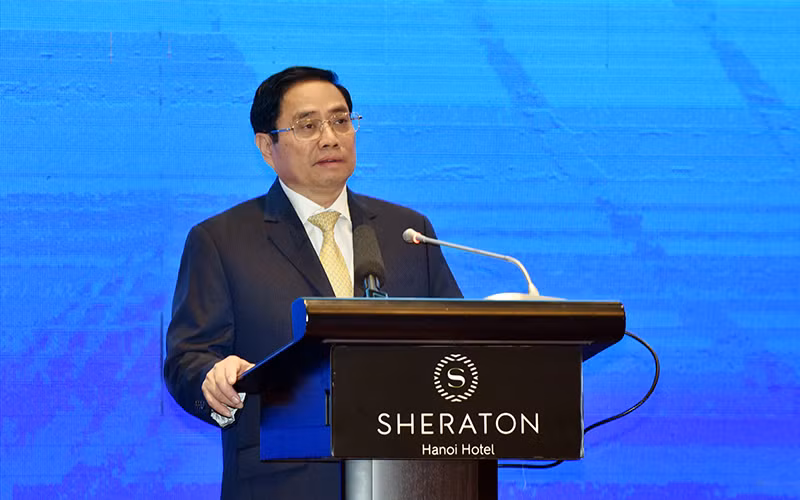 Thủ tướng Phạm Minh Chính phát biểu tại phiên khai mạc Diễn đàn cấp cao ASEAN về hợp tác tiểu vùng vì tăng trưởng bao trùm và phát triển bền vững. Ảnh: TRẦN HẢI 