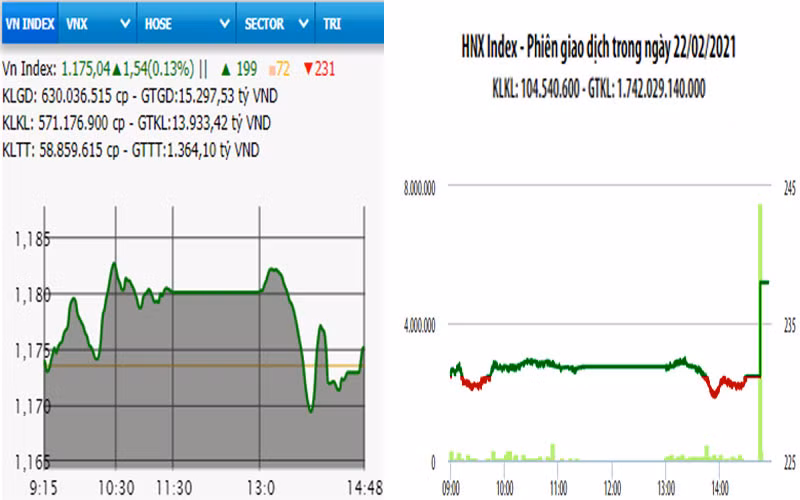Diễn biến VN-Index và HNX-Index, phiên giao dịch ngày 22-2. 