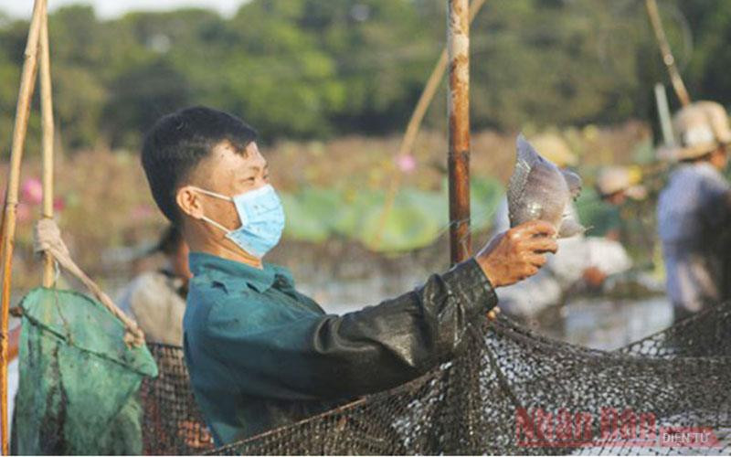Vui mừng khi bắt được cá trong lễ hội.