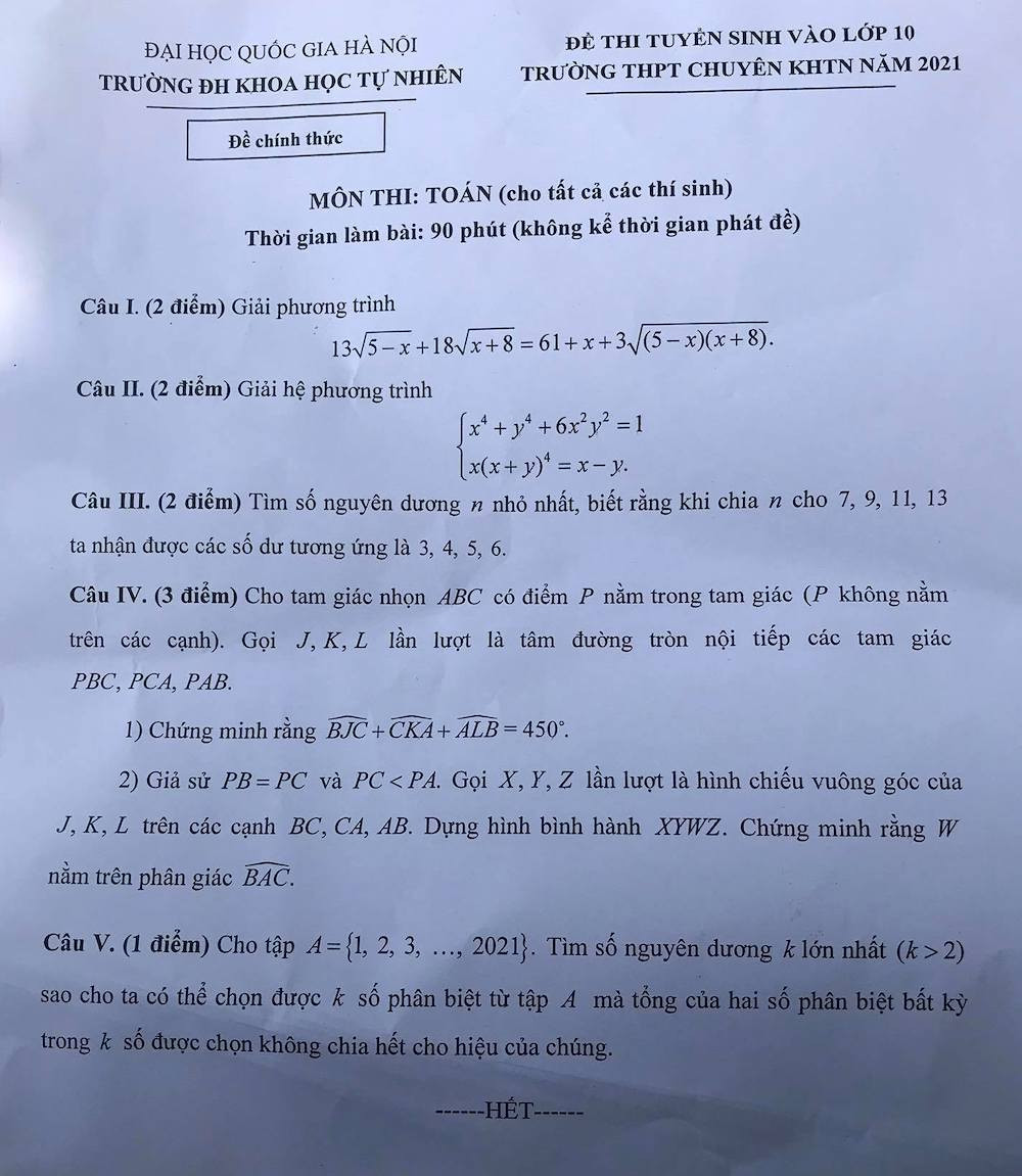 Đề thi và gợi ý lời giải môn Toán thi 10 Trường chuyên Khoa học Tự nhiên -0