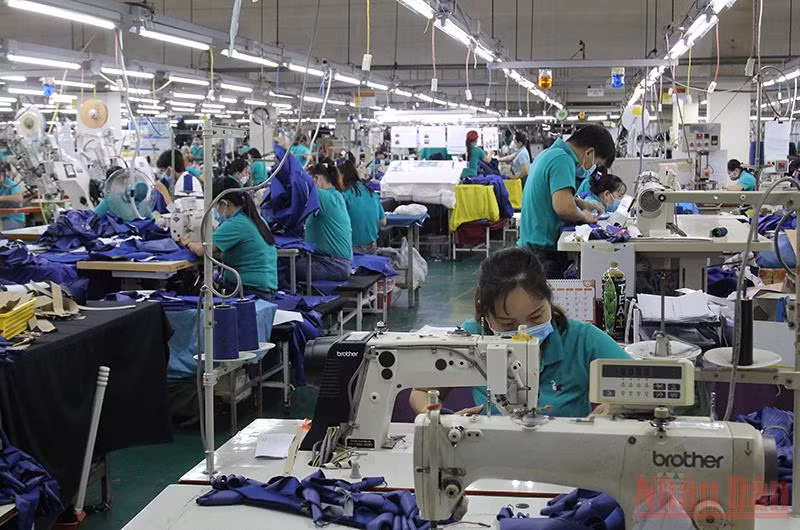 Công nhân Công ty TNHH BoHsing Vĩnh Long trong giờ sản xuất. (Ảnh: Bá Dũng). 