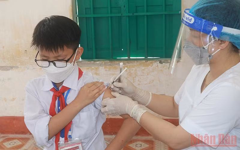 Triển khai tiêm vaccine cho học sinh khối lớp 6 tại Trường THCS thị trấn Yên Định, huyện Hải Hậu (Nam Định).