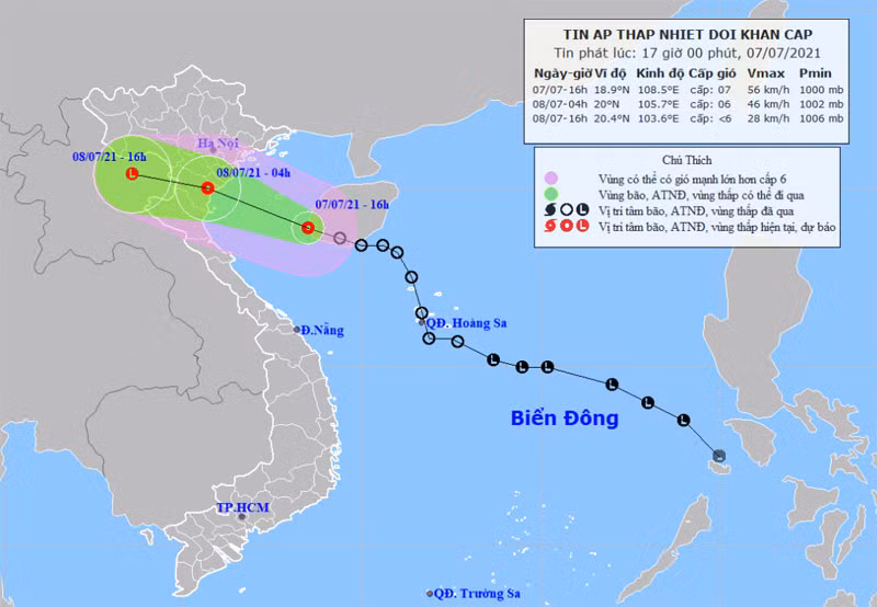 Vị trí và hướng di chuyển của áp thấp nhiệt đới. (Nguồn: nchmf.gov.vn)