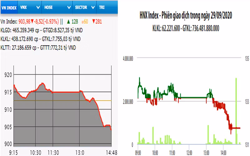 Diễn biến VN-Index và HNX-Index, phiên giao dịch ngày 29-9. 