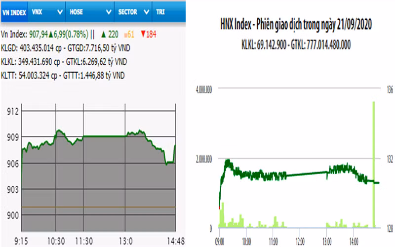 Diễn biến VN-Index và HNX-Index, phiên giao dịch ngày 21-9. 