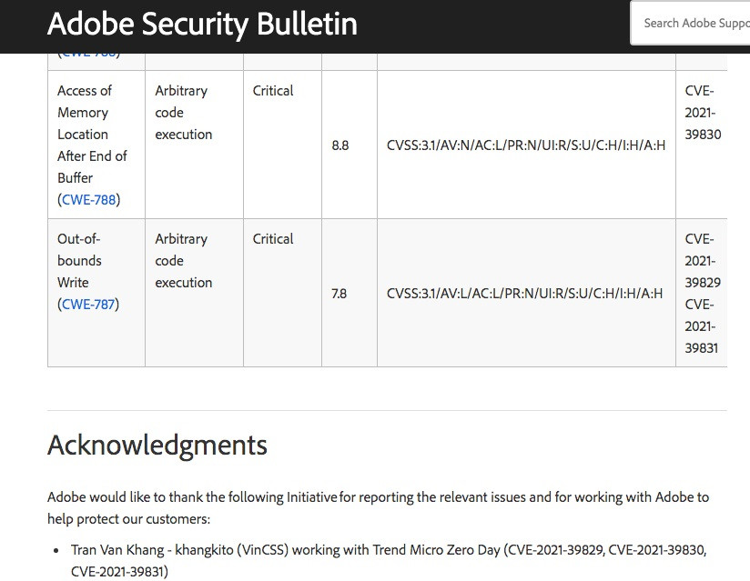 Thông tin từ website Adobe về các lỗ hổng bảo mật do chuyên gia Trần Văn Khang phát hiện. Chuyên gia Việt phát hiện 6 lỗ hổng bảo mật nghiêm trọng của Microsoft, Adobe -0