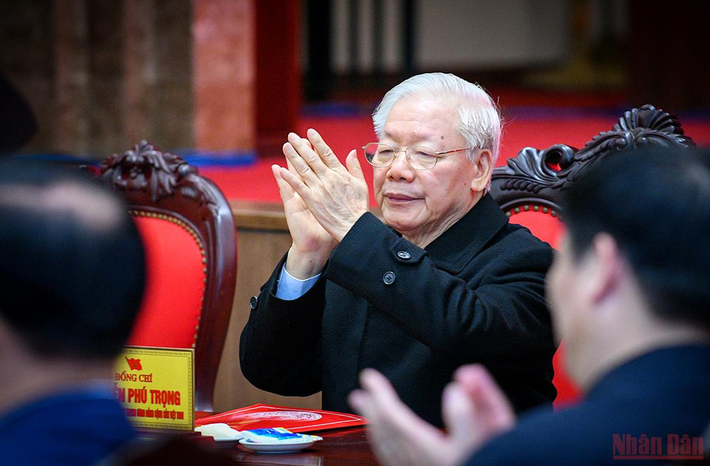 Tổng Bí thư Nguyễn Phú Trọng tại buổi thăm, chúc Tết Đảng bộ, Chính quyền và nhân dân Thủ đô. (Ảnh: Thành Đạt) Tổng Bí thư Nguyễn Phú Trọng thăm, chúc Tết Đảng bộ, Chính quyền và nhân dân Thủ đô -0
