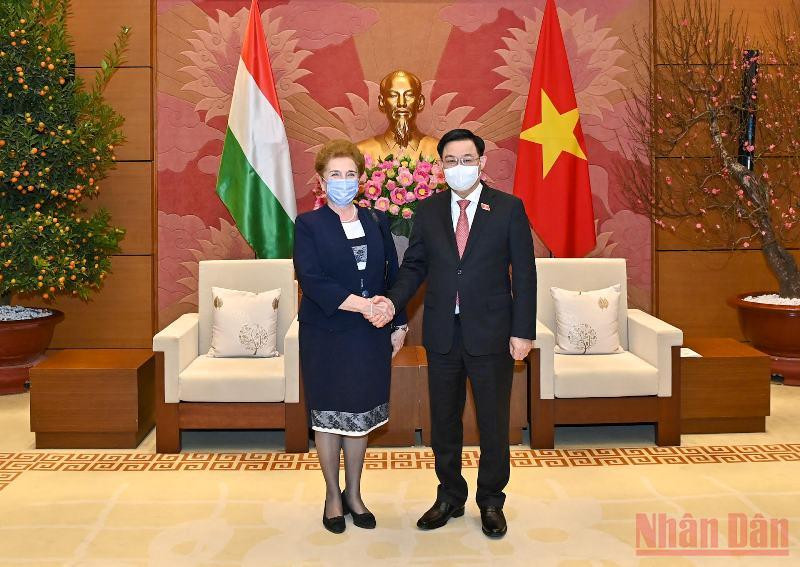 Chủ tịch Quốc hội Vương Đình Huệ và Phó Chủ tịch thứ nhất Quốc hội Hungary Márta Mátrai. Ảnh: Duy Linh Thúc đẩy hợp tác nghị viện giữa Việt Nam và Hungary -0