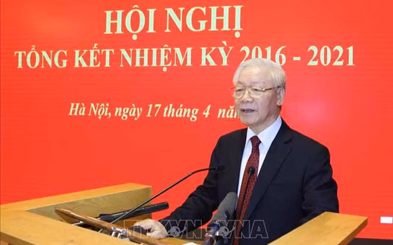 Tổng Bí thư Nguyễn Phú Trọng phát biểu tại Hội nghị tổng kết nhiệm kỳ 2016-2021 của Hội đồng Lý luận Trung ương. Ảnh TTXVN