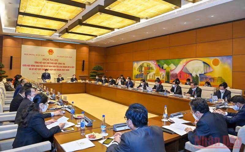 Quang cảnh hội nghị Tổng kết quy chế phối hợp giữa Hội đồng Dân tộc và Ủy ban Dân tộc. (Ảnh Duy Linh)