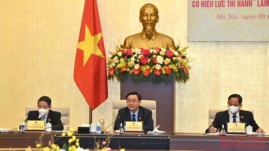 Chủ tịch Quốc hội Vương Đình Huệ tại buổi làm việc. (Ảnh: Duy Linh)