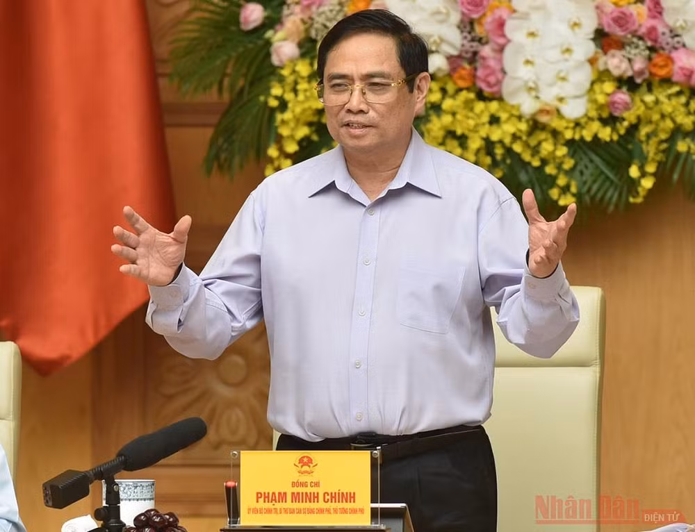 Thủ tướng Phạm Minh Chính phát biểu tại buổi gặp mặt và làm việc với các cơ quan thông tấn, báo chí nhân dịp kỷ niệm 96 năm Ngày Báo chí Cách mạng Việt Nam (21-6-1925 - 21-6-2021). Ảnh: TRẦN HẢI.