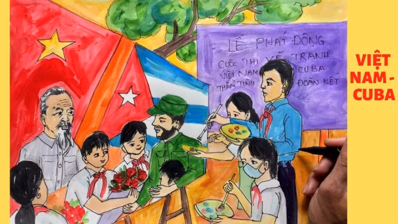 Bức tranh về tình hữu nghị Việt Nam-Cuba của các em thiếu nhi tham gia triển lãm. (Ảnh: BTC cung cấp)