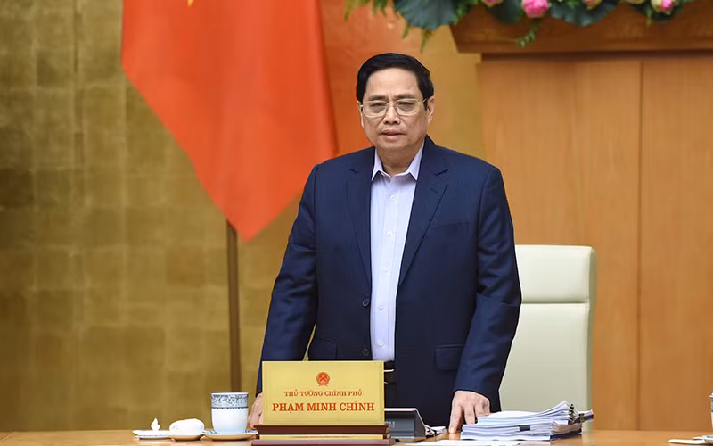 Thủ tướng Phạm Minh Chính phát biểu chỉ đạo cuộc họp. (Ảnh: TRẦN HẢI)
