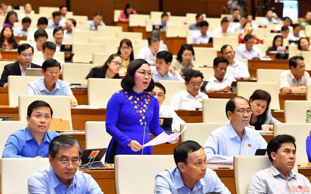 Đại biểu Lý Anh Thư (Kiên Giang) phát biểu tại phiên thảo luận của Quốc hội về dự án Luật Phòng, chống bạo lực gia đình (sửa đổi), chiều 14/6. (Ảnh: LINH NGUYÊN)