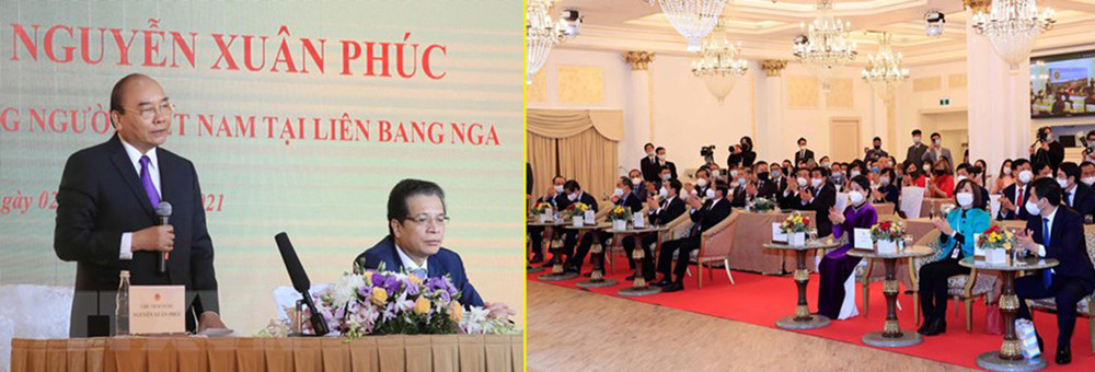 Chủ tịch nước đánh giá cao sự ủng hộ, đóng góp của bà con dành cho đồng bào trong nước, coi đây là nghĩa cử hướng về Tổ quốc. (Ảnh: Thống Nhất/TTXVN) Hình ảnh Chủ tịch nước Nguyễn Xuân Phúc gặp gỡ đại diện cộng đồng Việt Nam tại Nga -0