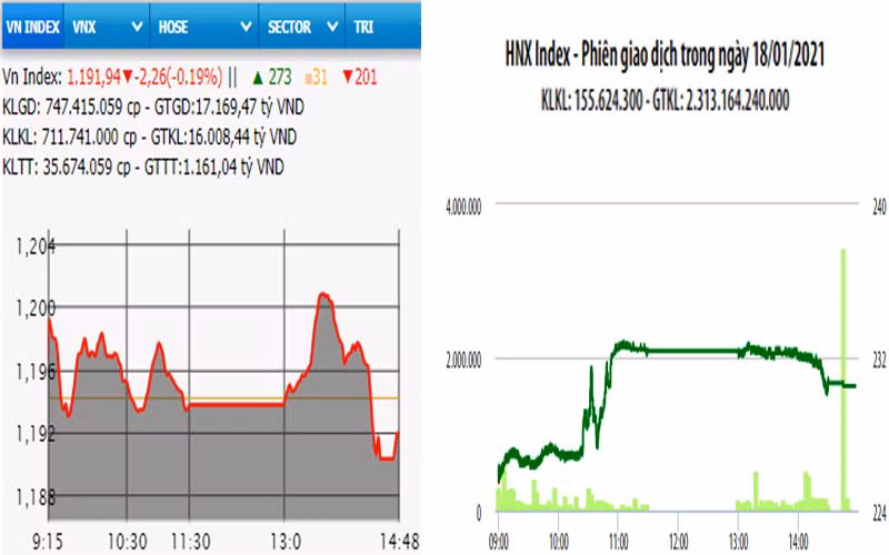 Diễn biến VN-Index và HNX-Index, phiên giao dịch ngày 18-1. 