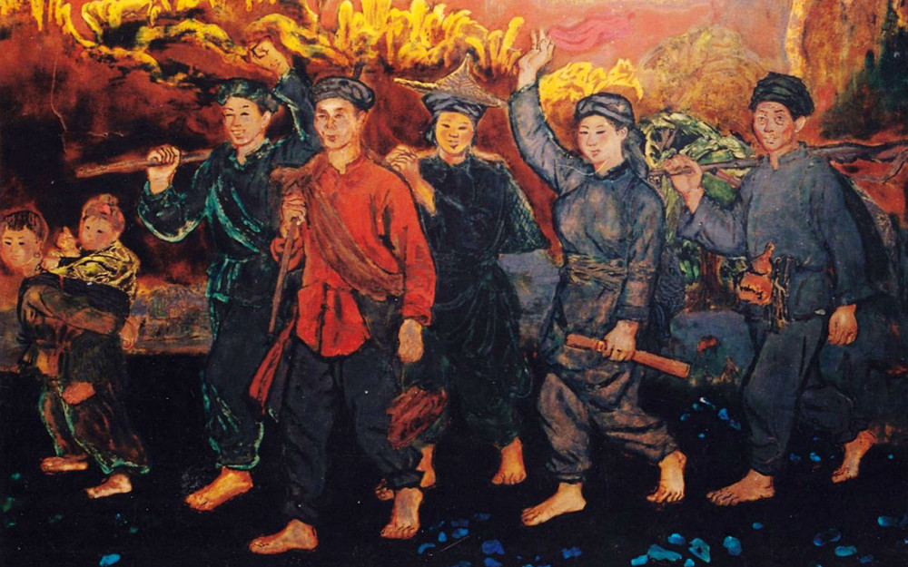 Du kịch Bắc Sơn về bản Pình, tranh sơn mài của họa sĩ Nguyễn Văn Tỵ. Triển lãm mỹ thuật trực tuyến “Con đường Độc lập” -0