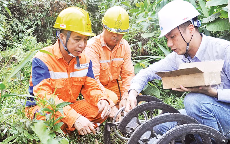 Hoàng Văn Thiện (bên trái) cùng anh em kéo điện qua núi.