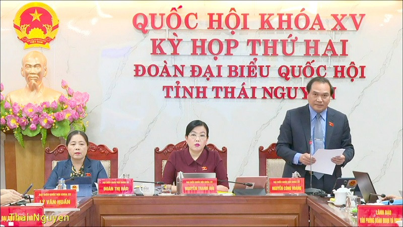 Đại biểu Nguyễn Công Hoàng (đoàn đại biểu Quốc hội tỉnh Thái Nguyên) thảo luận trực tuyến tại điểm cầu Thái Nguyên. (Ảnh: quochoi.vn) Nâng cao hiệu quả bảo hộ, khai thác và bảo vệ tài sản trí tuệ -0