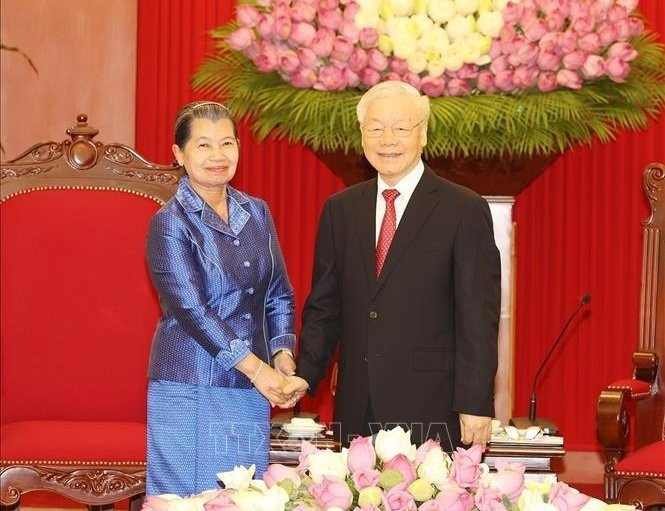 Tổng Bí thư Nguyễn Phú Trọng tiếp Phó Chủ tịch Đảng Nhân dân Campuchia (CPP), Phó Thủ tướng Campuchia Men Sam An. (Ảnh: TTXVN) Hình ảnh Tổng Bí thư Nguyễn Phú Trọng tiếp Phó Thủ tướng Campuchia Men Sam An -0