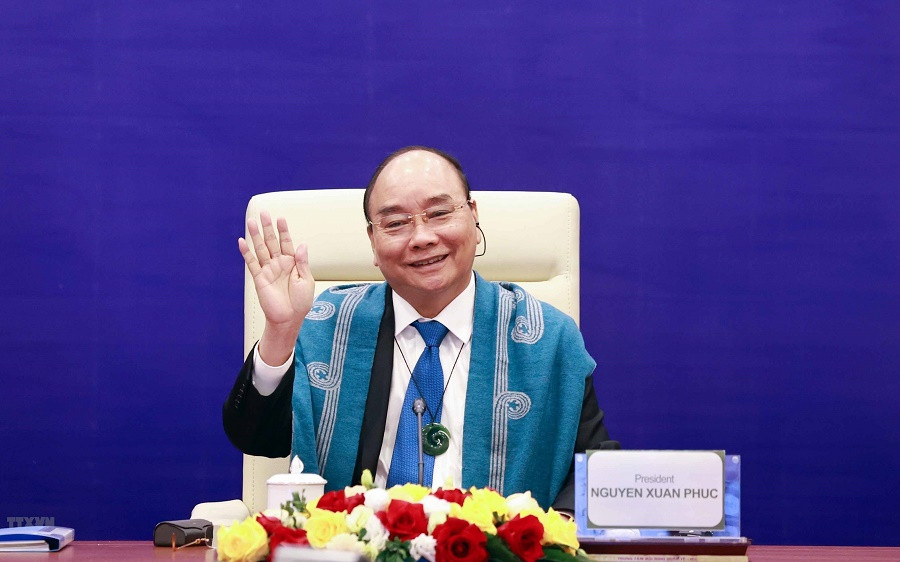 Chủ tịch nước Nguyễn Xuân Phúc tại điểm cầu Hà Nội. (Ảnh: TTXVN)