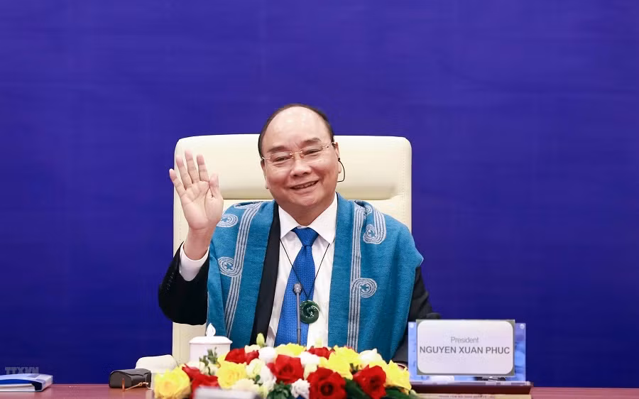 Chủ tịch nước Nguyễn Xuân Phúc tại điểm cầu Hà Nội. (Ảnh: TTXVN)