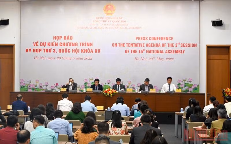 Buổi họp báo về dự kiến chương trình Kỳ họp thứ ba, Quốc hội khóa XV. (Ảnh: DUY LINH)