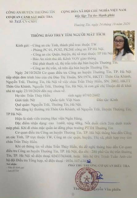 Thông báo truy tìm nữ sinh Trần Thúy Hiền khi nhận được tin báo mất tích từ gia đình. Nữ sinh viên bị kẻ nghiện ma túy sát hại -0
