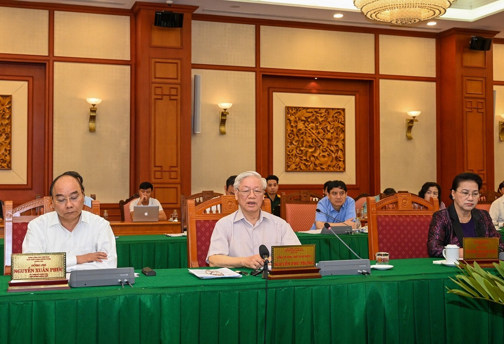 Tổng Bí thư, Chủ tịch nước Nguyễn Phú Trọng phát biểu ý kiến tại buổi làm việc. Bộ Chính trị làm việc với Thường vụ Quân ủy Trung ương -0