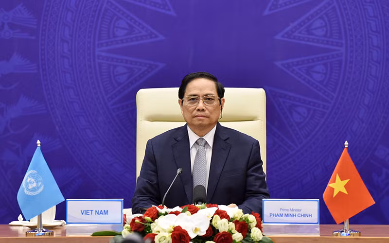 Thủ tướng Phạm Minh Chính phát biểu tại Phiên thảo luận mở cấp cao của Hội đồng Bảo an Liên hợp quốc.Ảnh: TRẦN HẢI