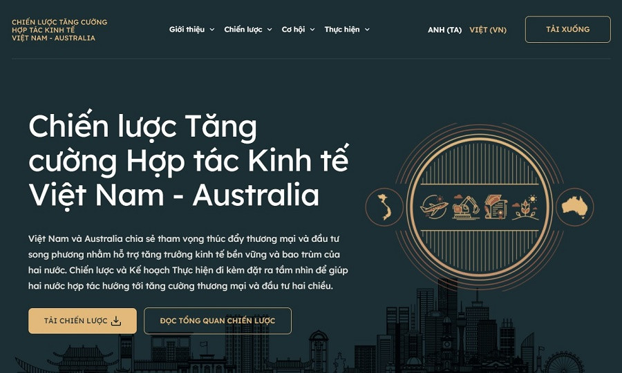 Giao diện trang thông tin chính thức của Chiến lược Tăng cường Hợp tác Kinh tế Việt Nam-Australia. (Ảnh: Đại sứ quán Australia tại Việt Nam) Công bố Chiến lược Tăng cường Hợp tác Kinh tế Việt Nam-Australia -0