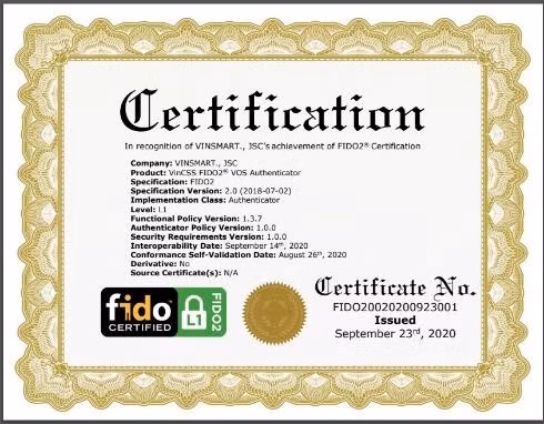 VOS của VinSmart đạt chứng nhận FIDO2 từ Liên minh Xác thực trực tuyến FIDO Alliance.
