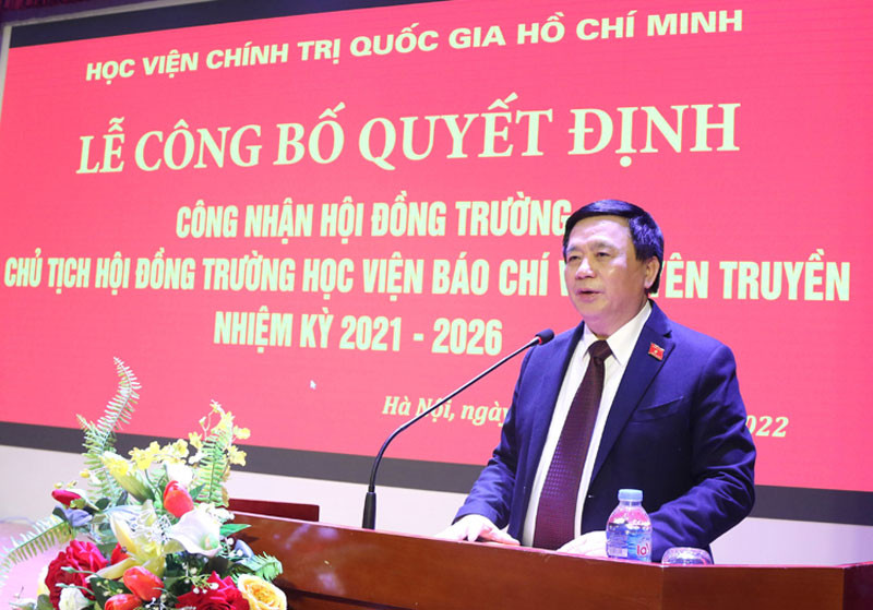 Đồng chí Nguyễn Xuân Thắng phát biểu tại buổi lễ.(Ảnh: AJC) Công bố Quyết định công nhận Hội đồng trường và Chủ tịch Hội đồng trường Học viện Báo chí và Tuyên truyền -0