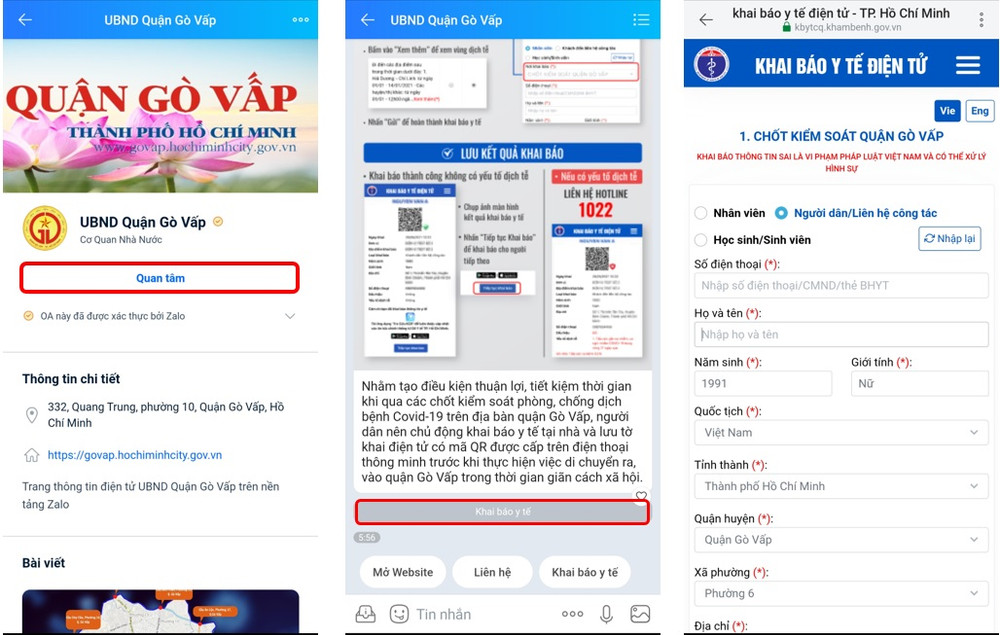 Người dân quận Gò Vấp, TP Hồ Chí Minh có thể chủ động khai báo y tế tại nhà qua trang Zalo “UBND Quận Gò Vấp”. Khai báo y tế điện tử tại nhà để giảm ùn tắc -0