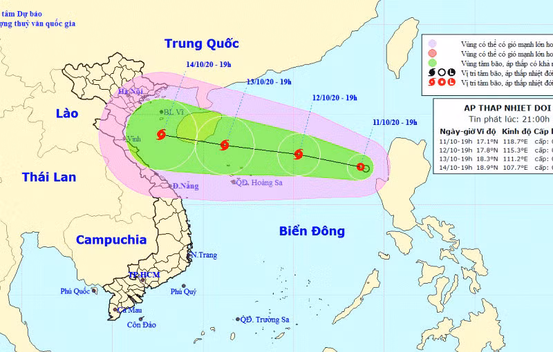 Vị trí và hướng di chuyển của áp thấp nhiệt đới trên Biển Đông. (Nguồn: kttv.gov.vn)