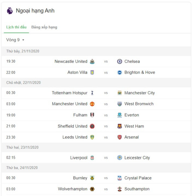 Lịch thi đấu vòng 9 Premier League. lich_NHA-1605917464976.jpg