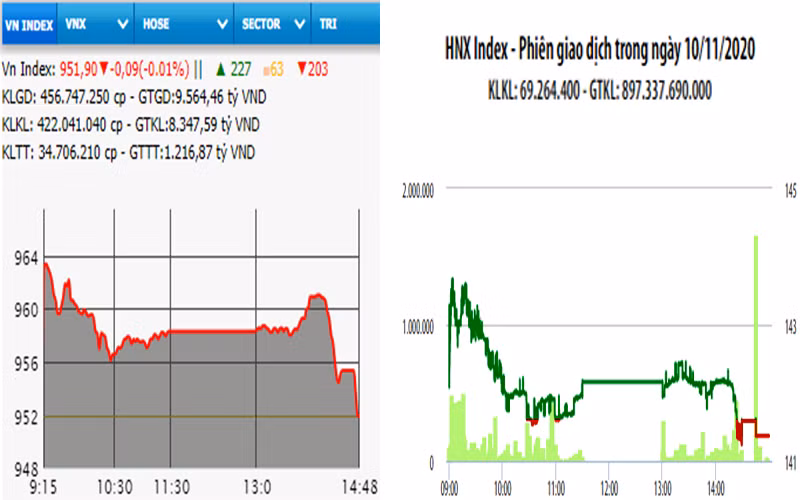 Diễn biến VN-Index và HNX-Index, phiên giao dịch ngày 10-11. 