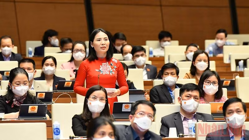 Đại biểu Quốc hội Âu Thị Mai (Tuyên Quang) chất vấn Bộ trưởng Kế hoạch và đầu tư về giải pháp thúc đẩy nhanh tiến độ giải ngân vốn đầu tư công. Ảnh: LINH NGUYÊN